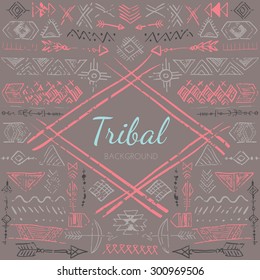 Vector Abstract Tribal Frame with doodle hand drawn symbols. Ethnic design for creative cards and backgrounds