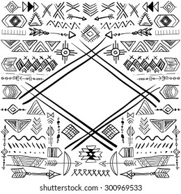 Vector Abstract Tribal Frame with doodle hand drawn symbols. Ethnic design for creative cards and backgrounds
