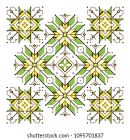 Vector abstract tribal illustration; Sacred geometry; Contemporary ornamental composition based on ancient embroidery of northern nations; White background and archaic stars.