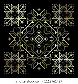 Vector abstract tribal illustration; Sacred geometry; Contemporary ornamental composition based on ancient embroidery of northern nations; Golden pattern on black background.