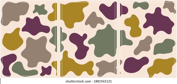 Vector abstract triptych of multicolored in trending colors spots for background banners and advertising. All elements are isolated and editable.