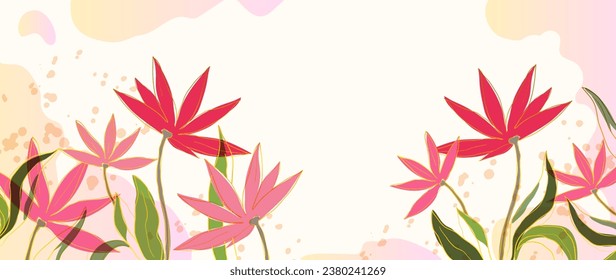 Vector abstract tropical art. Luxurious wallpaper in a minimalist style with golden lines of artistic flowers and botanical leaves, organic shapes, watercolor. Vector background for banner, poster	