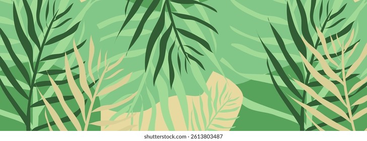 Vector abstract tropical leaves. Summer or spring creative concept wide banner background.