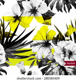 vector abstract tropical pattern, black and white with a yellow stripe