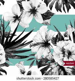 vector abstract tropical pattern, black and white with a blue stripe