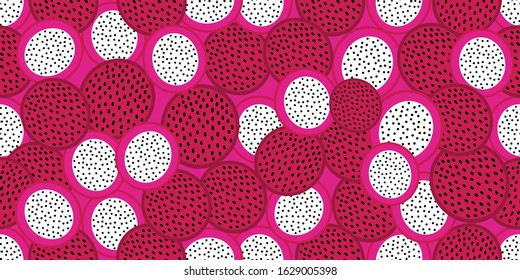 Vector abstract tropical pattern of exotic fruit pitaya. Dragon fruit illustration. Tropical vegeterian food design element.