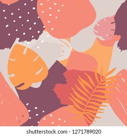 Vector Abstract Tropical Seamless Pattern. Colorful Hand drawn Elements, Paper Collage. Exotic Jungle Plants Background. Summer Flat Contemporary Design. 