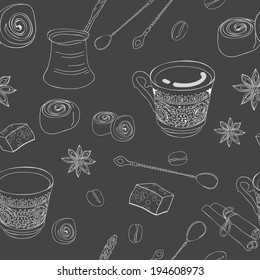 Vector abstract  turkish coffee cup and turkish delight seamless pattern.