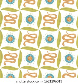 Vector Abstract Turquoise Blue Green Orange Gold Flowers with Leaves on White Background Seamless Repeat Pattern. Background for textiles, cards, manufacturing, wallpapers, print, gift wrap and