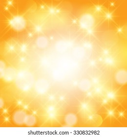Vector abstract twinkled bright background with bokeh defocused golden lights.