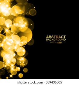Vector abstract twinkled bright background with bokeh defocused golden lights.