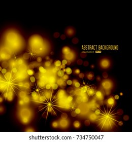 Vector abstract twinkled bright background with bokeh defocused golden lights.