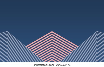 Vector abstract two small building and center building skyscraper boxes from line shape pattern on dark blue sky gradient background. Minimal trendy architecture template concept.