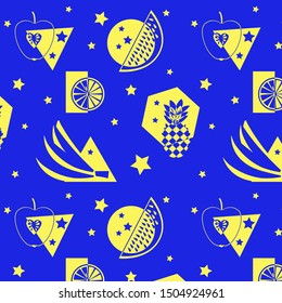 Vector, abstract, two-color fruit set pattern (banana, pineapple, apple, lemon, watermelon) with geometric shapes. Product marketing concept.
