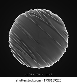 Vector abstract ultra thin line sphere. Fluid dynamic distorted spheres. Futuristic fractal noise illustration. Technology digital splash or explosion of sound, waveform. Cyber UI or HUD element.