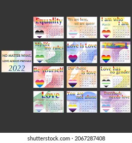 Vector abstract and unique LGBT community pride calendar. Various flags of LGBT communities. Motivating slogans every month.