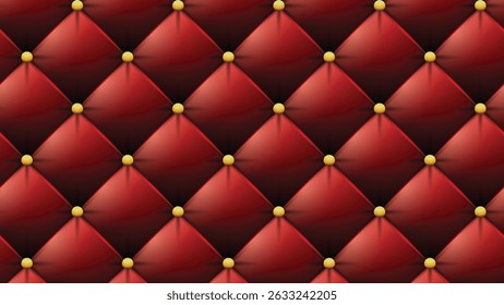 Estofamento abstrato vetorial ou fundo de sofá de textura de couro vermelho fosco e unhas de bronze antigas