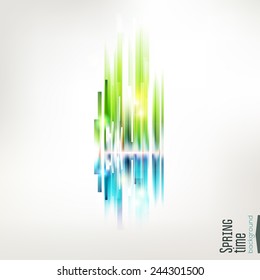 Vector abstract urban silhouette. Spring concept. Blue and green lines. Ecosystem illustration.