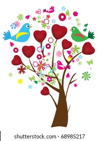 vector abstract valentine tree with birds, hearts and flowers