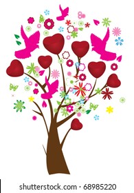 vector abstract valentine tree with doves, hearts and flowers