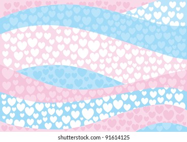 Vector abstract Valentines background with white, blue and pink hearts.