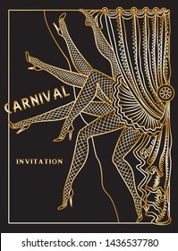 Vector abstract variety show drawing. Carnival Party invitation card. Mardi Gras Masquerade greeting. Golden linear hand drawn doodle sketch on black. Female legs in garter stockings, fan, curtain