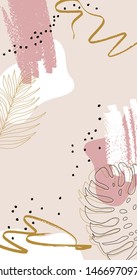 Vector abstract vertical background with marker blots, blotchy polka dot brush. Silhouettes of tropical monstera leaves and palm trees dypsis. Perfect for posters, phone wallpapers 