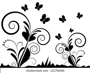 Vector Abstract Vertical Black and White Curly Swirls Background with Floral Elements and Shapes