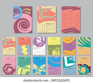 Vector abstract vertical calendar_2024. Editable template of 12 pages plus a cover page and the last page consists of a calendar.
