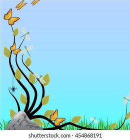 vector abstract vine background with butterfly, dragonfly,stone