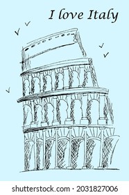 Vector Abstract Vintage Drawn Architecture Print Of Italy. Landmark. 
Landscape. Single Coliseum. Lettering 
