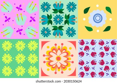 Vector abstract vintage set of six seamless floral pattern. Blue, yellow, pink flowers. Bloom. Spring. Bouquet. Square eps template geometric ornament pattern 