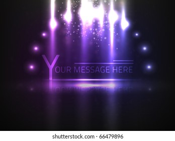 Vector abstract violet colored 'spotlight' text effect with bright particles around it on black background.