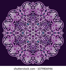 Vector abstract violet decorative floral ethnic round ornamental illustration. 