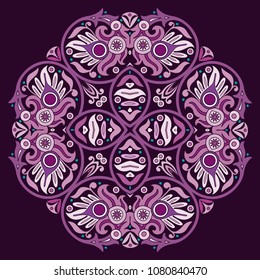 Vector abstract violet decorative floral ethnic round ornamental illustration. 