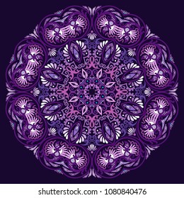 Vector abstract violet decorative floral ethnic round ornamental illustration. 