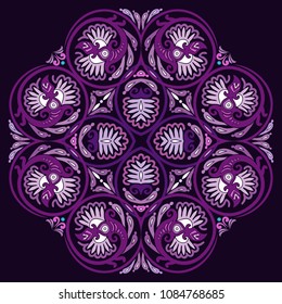 Vector abstract violet decorative floral ethnic round ornamental illustration. 