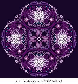 Vector abstract violet decorative floral ethnic round ornamental illustration. 