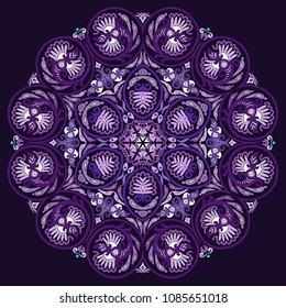 Vector abstract violet decorative floral ethnic round ornamental illustration. 