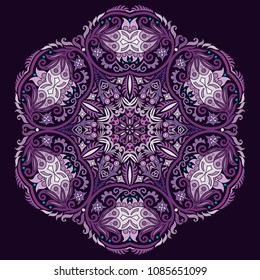 Vector abstract violet decorative floral ethnic round ornamental illustration. 