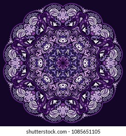 Vector abstract violet decorative floral ethnic round ornamental illustration. 