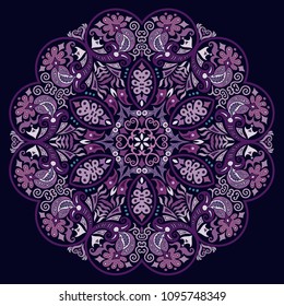 Vector abstract violet decorative floral ethnic round ornamental illustration. 