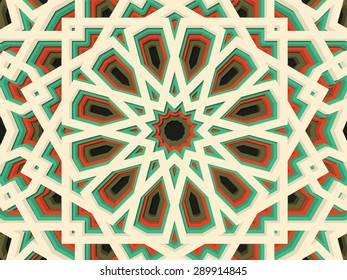 Vector abstract volumetric geometric background. Based on islamic ethnic ornaments. 3d extruded ornament elements. View from top. Elegant background for cards, invitations etc. 