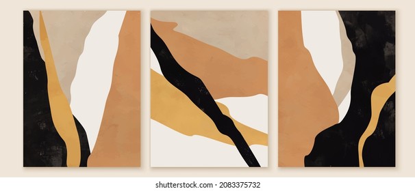 Vector Abstract Wall Art Triptych In Warm Natural Colors. Waves, Soft Colorful Forms. Vertical Backgrounds For Card, Cover, Poster, Packaging.