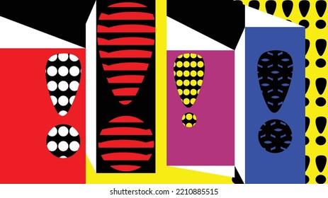 Vector abstract wallpaper in basic rich colors. Objects folded into a surface in high contrast. Exclamation marks in different fillings form a prominent object. Geometric shapes, high contrast