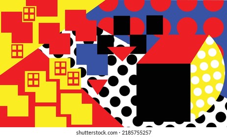 Vector abstract wallpaper. Blue, yellow, red and black color. Geometric shapes. Background composed into an area of ​​colors. Dotted filling.