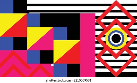 Vector abstract wallpaper. Distinctive bright colors. Geometric shapes in contrasting colors folded into a surface. Surreal wallpaper. High color contrast. Triangles, squares, areas.