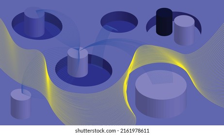 Vector abstract wallpaper mostly in shades of blue. Columns and circular cutouts to the surface. 3D illustration supplemented by waves formed by visible lines.