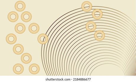 Papel de pantalla abstracto. Anillos en color gradiente dorado. Cayendo objetos. Fondo monocromo. Línea, arco. Antecedentes para presentaciones, boletines informativos, aplicaciones y similares.