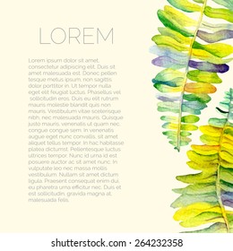 Vector abstract watercolor background with fern leaves. Design template with place for your text. 